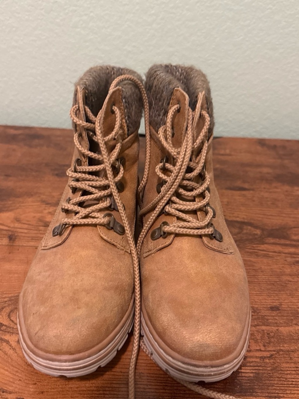 Sonoma Tan Lace-Up Faux-Fur Collar Boots